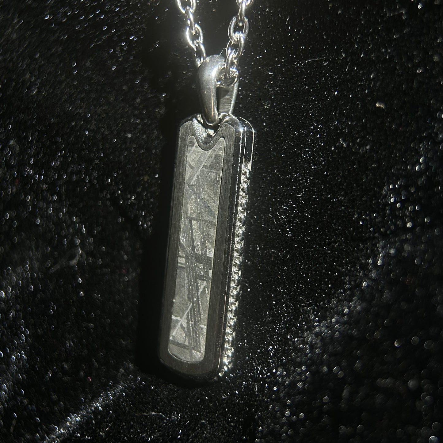 Starlight Bar Pendant Necklace Muonionalusta Iron Meteorite Inlay | Widmanstätten Pattern Tag Pendant |21.6"Chain | Gift Box + COA