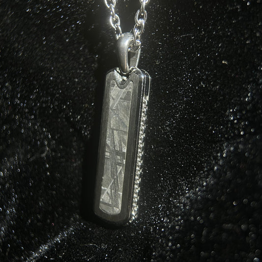 Starlight Bar Pendant Necklace Muonionalusta Iron Meteorite Inlay | Widmanstätten Pattern Tag Pendant |21.6"Chain | Gift Box + COA