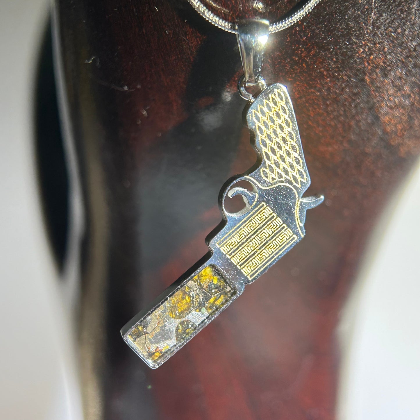 Real Sericho Pallasite Meteorite Necklace (Kenya) — Modern “Gun” Pendant, Gift Ready