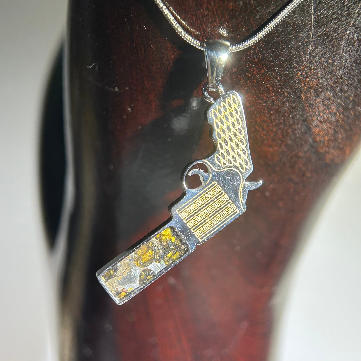 Real Sericho Pallasite Meteorite Necklace (Kenya) — Modern “Gun” Pendant, Gift Ready