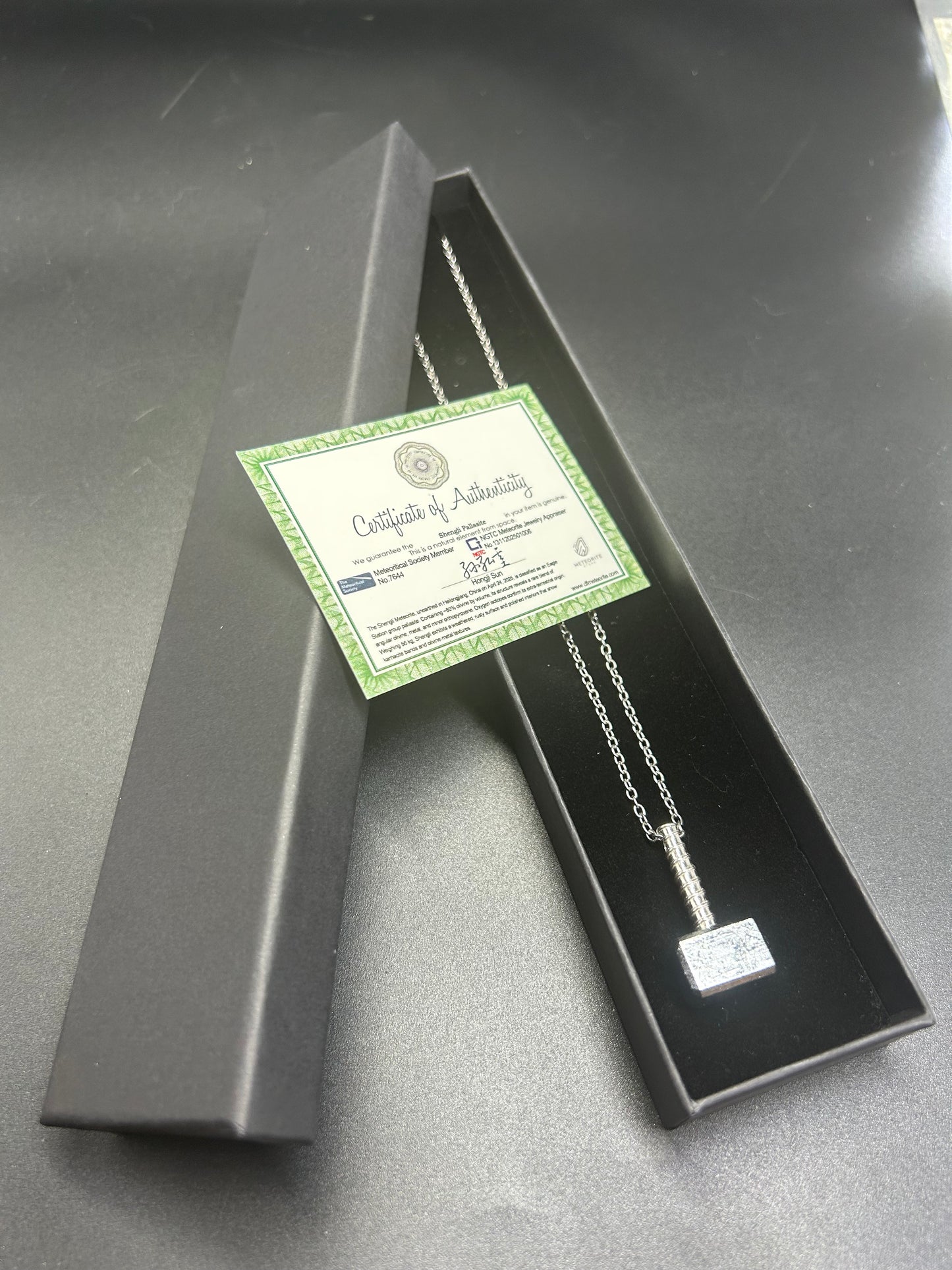 Thor Hammer Meteorite Pendant – Silver-Plated Iron Meteorite– Pendant + 23" Chain – Certificate & Gift Box Included