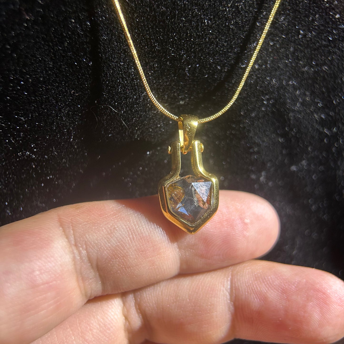 Shield of Stars Mini Pendant Necklace | Kenya Sericho Pallasite (Olivine Meteorite) Inlay | Cosmic Shield Charm | Gift Box + COA | 10×18×4mm