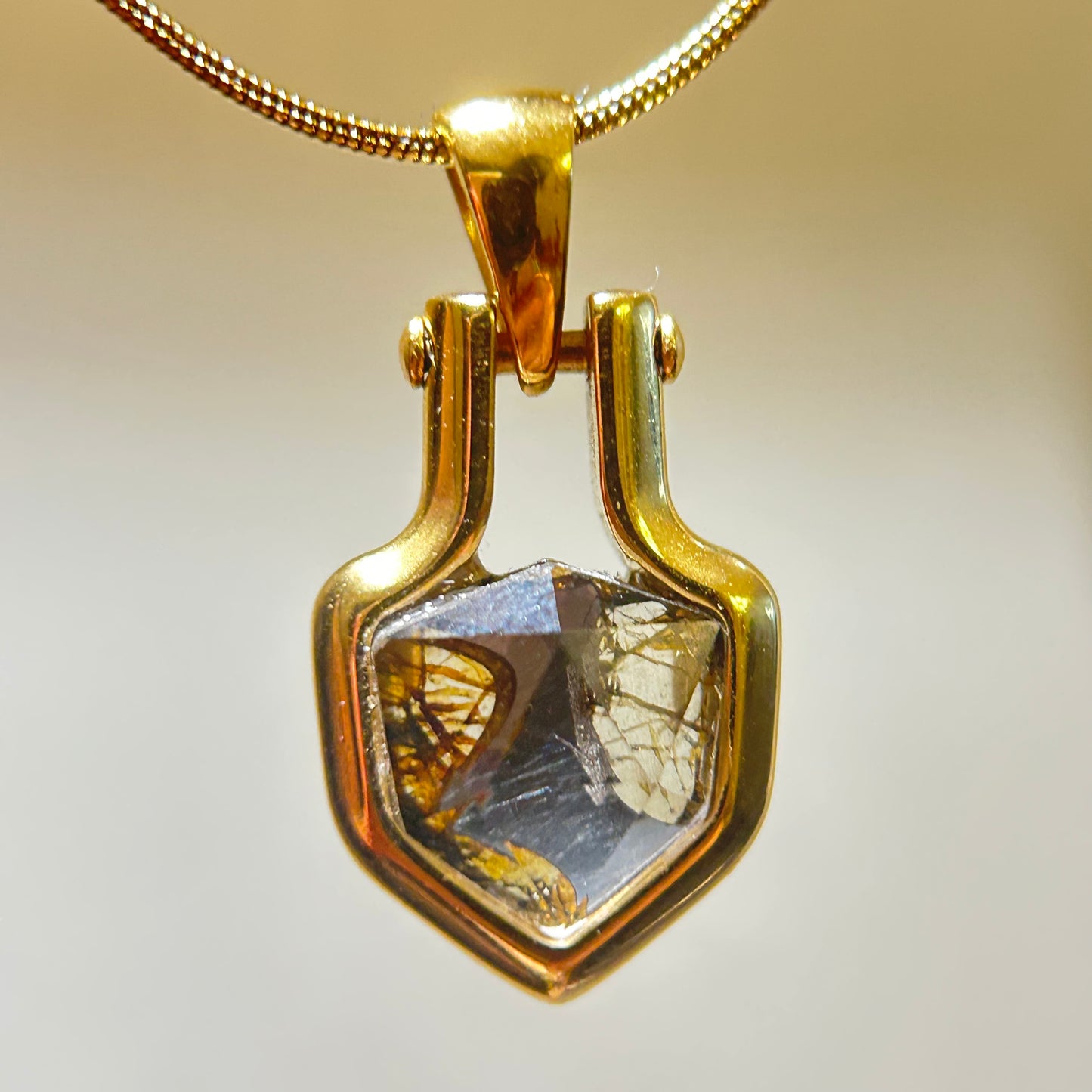 Shield of Stars Mini Pendant Necklace | Kenya Sericho Pallasite (Olivine Meteorite) Inlay | Cosmic Shield Charm | Gift Box + COA | 10×18×4mm