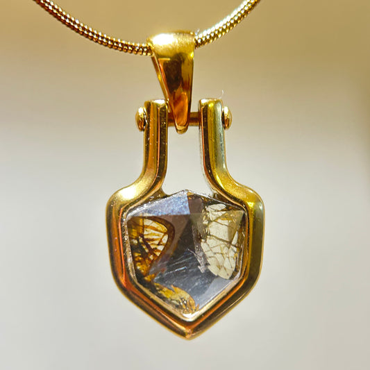 Shield of Stars Mini Pendant Necklace | Kenya Sericho Pallasite (Olivine Meteorite) Inlay | Cosmic Shield Charm | Gift Box + COA | 10×18×4mm