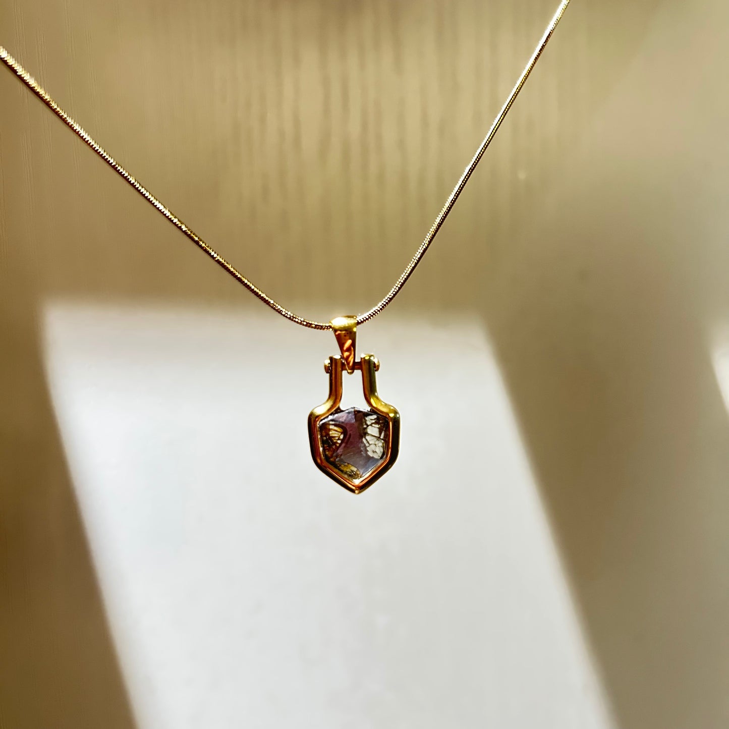 Shield of Stars Mini Pendant Necklace | Kenya Sericho Pallasite (Olivine Meteorite) Inlay | Cosmic Shield Charm | Gift Box + COA | 10×18×4mm
