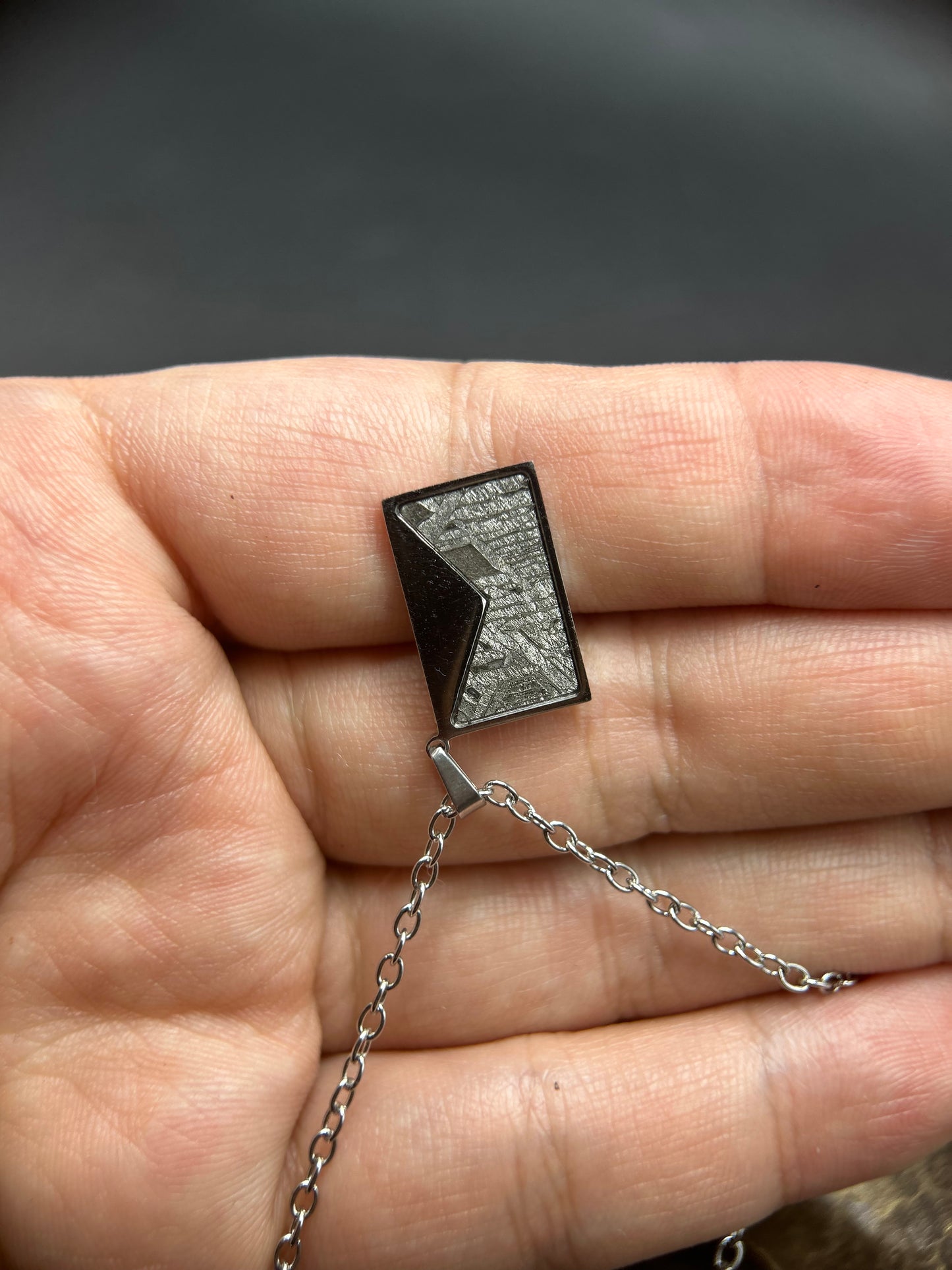 High Grade Iron Meteorite Geometric Pendant | 925 Sterling Silver Necklace | 9×15 mm