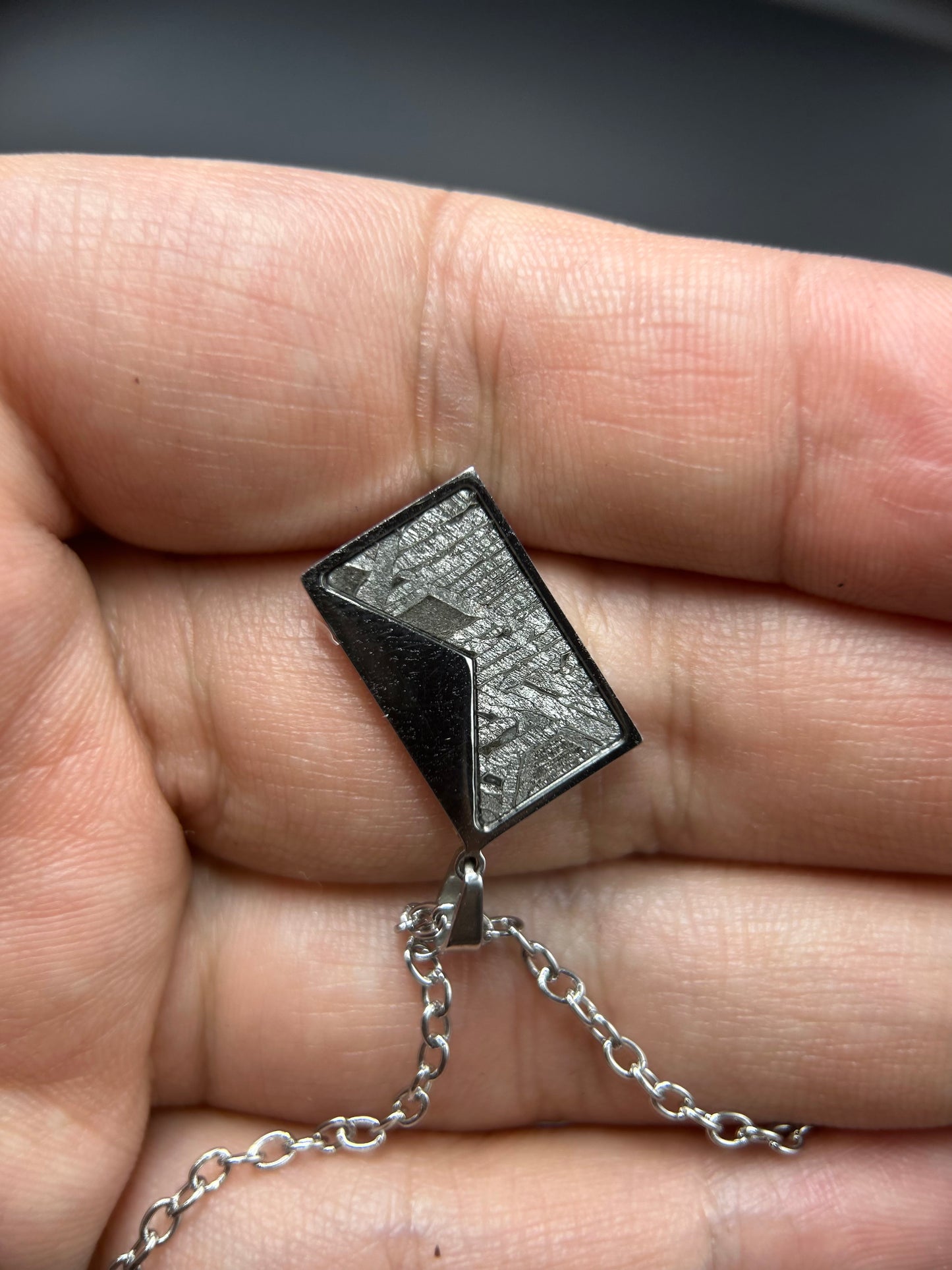 High Grade Iron Meteorite Geometric Pendant | 925 Sterling Silver Necklace | 9×15 mm