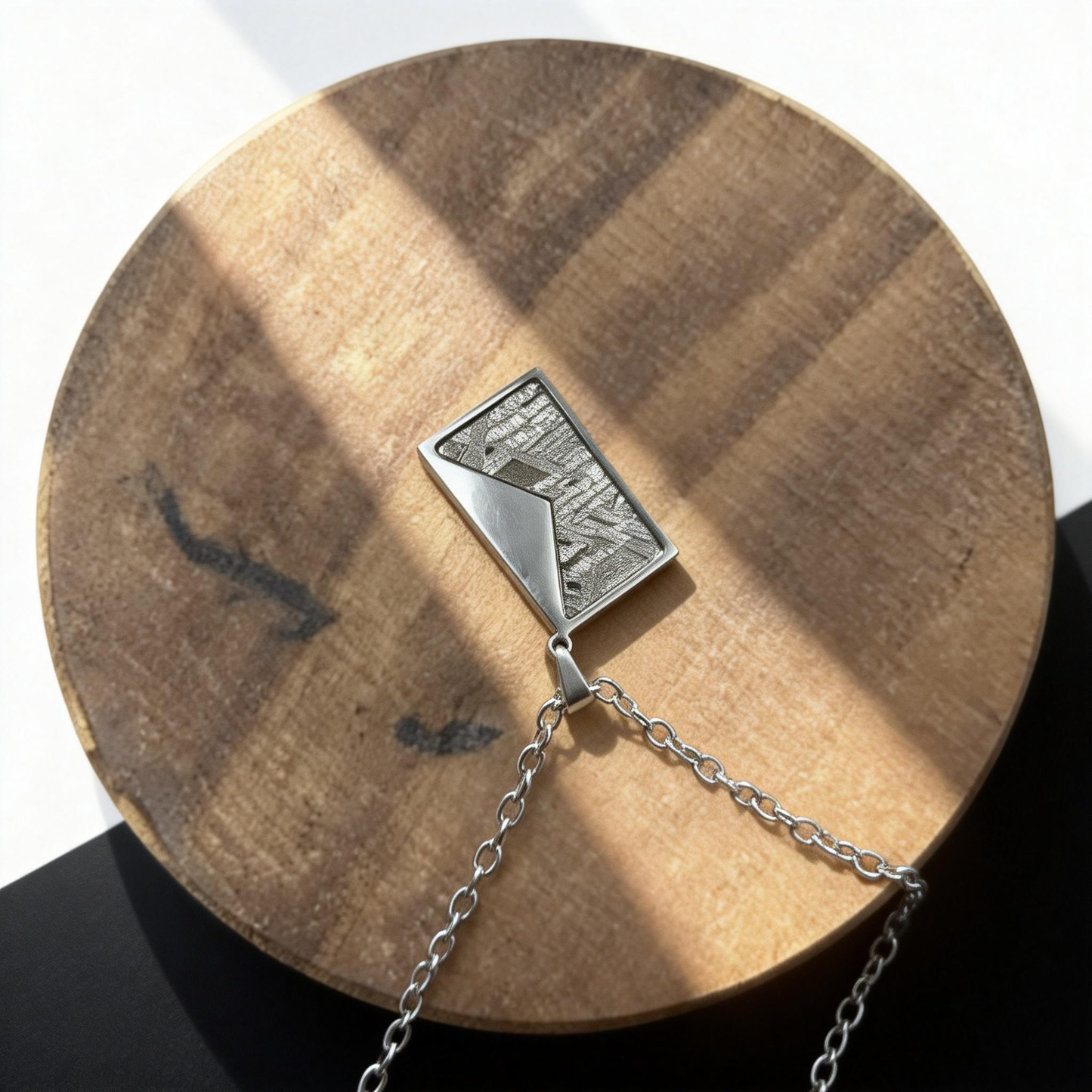 High Grade Iron Meteorite Geometric Pendant | 925 Sterling Silver Necklace | 9×15 mm