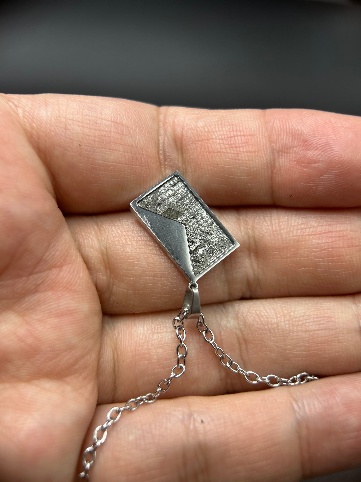 High Grade Iron Meteorite Geometric Pendant | 925 Sterling Silver Necklace | 9×15 mm