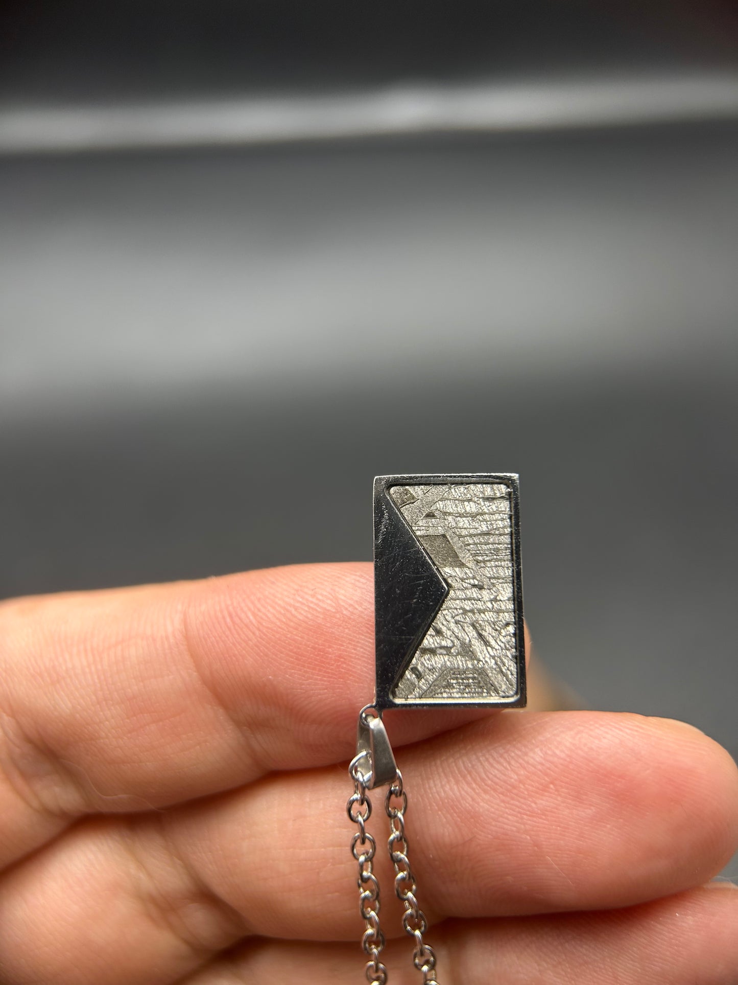 High Grade Iron Meteorite Geometric Pendant | 925 Sterling Silver Necklace | 9×15 mm