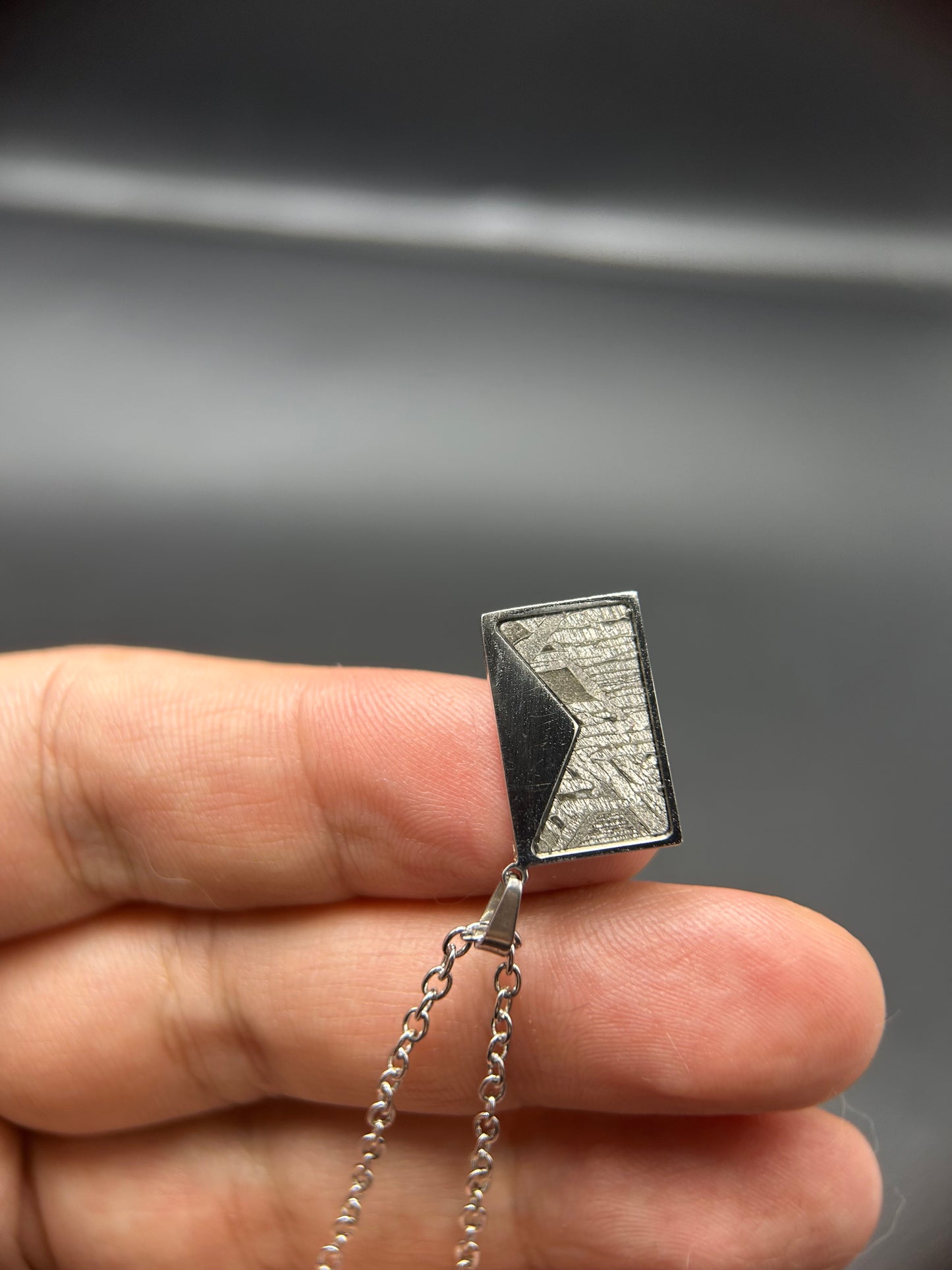 High Grade Iron Meteorite Geometric Pendant | 925 Sterling Silver Necklace | 9×15 mm