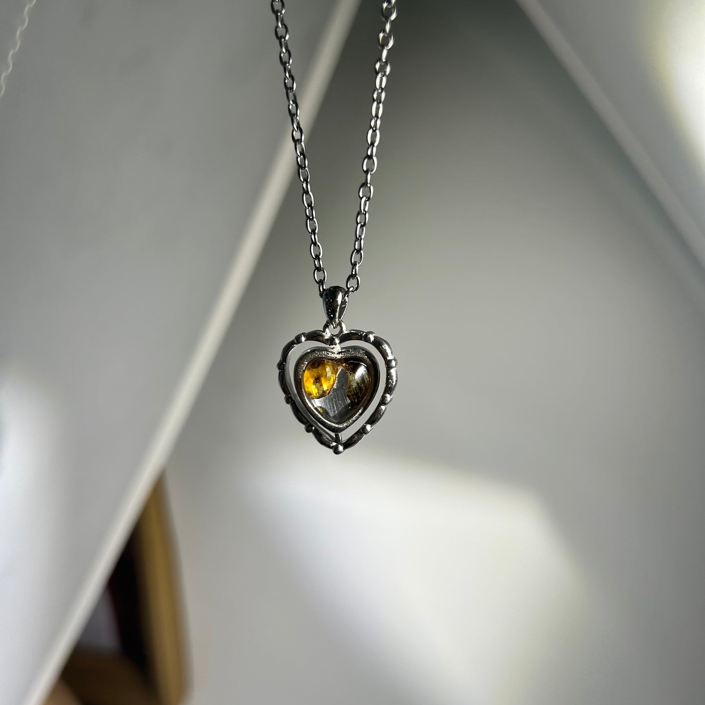 Genuine Sericho Pallasite Meteorite Spin Heart Necklace in 925 Sterling Silver — One‑of‑a‑Kind Olivine Inlay, Gift Box + COA