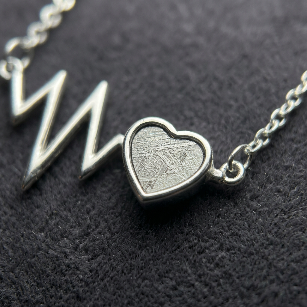 Heartbeat + Heart Muonionalusta Meteorite Pendant Necklace | 925 Silver Setting | 35×15×4mm | Gift Box + COA