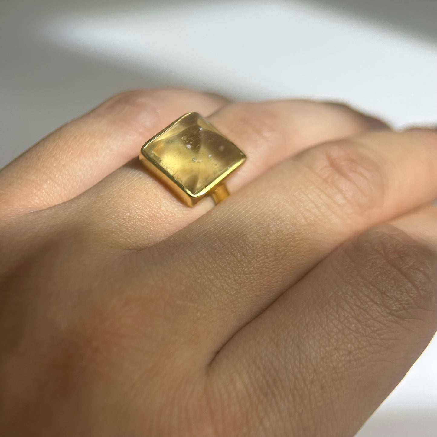 Libyan Desert Glass Ring, Pyramid Tetrahedron Statement Ring, Meteorite Impact Glass, Champagne Tektite, 925 Silver Gold Tone, Adjustable