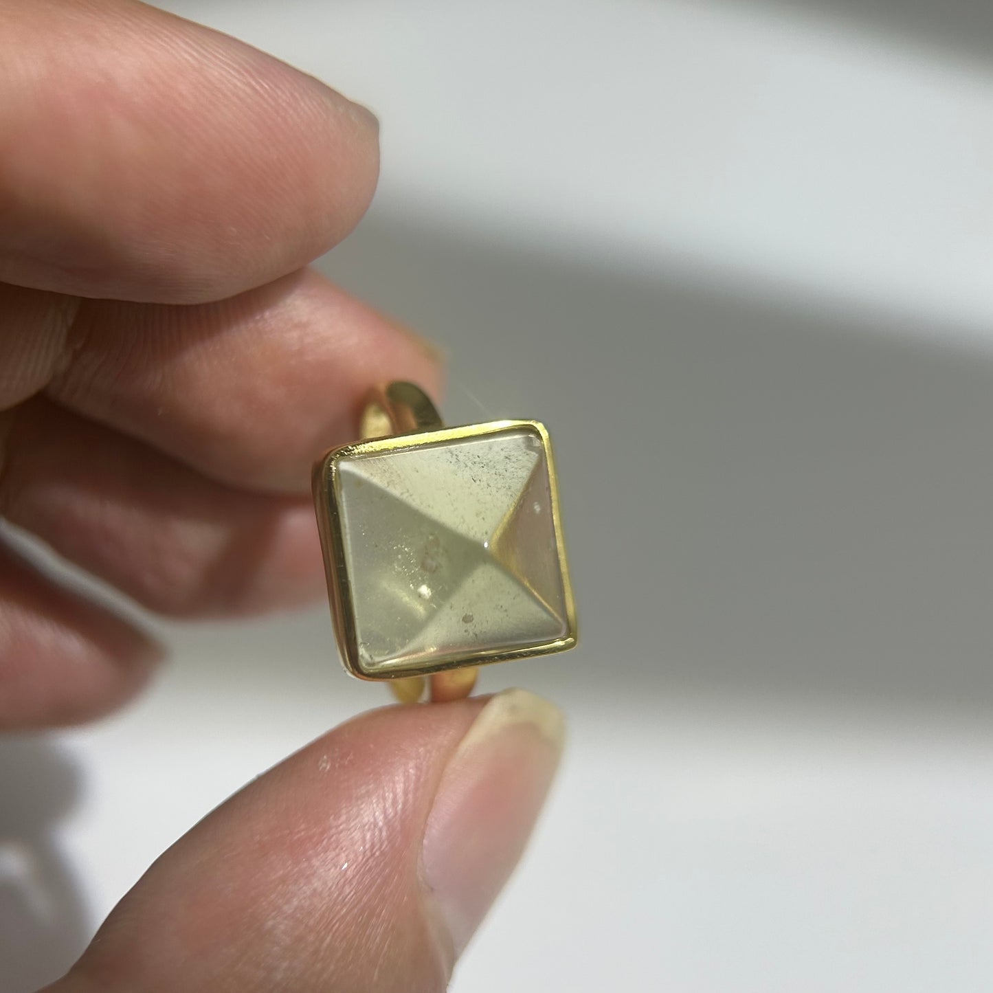 Libyan Desert Glass Ring, Pyramid Tetrahedron Statement Ring, Meteorite Impact Glass, Champagne Tektite, 925 Silver Gold Tone, Adjustable