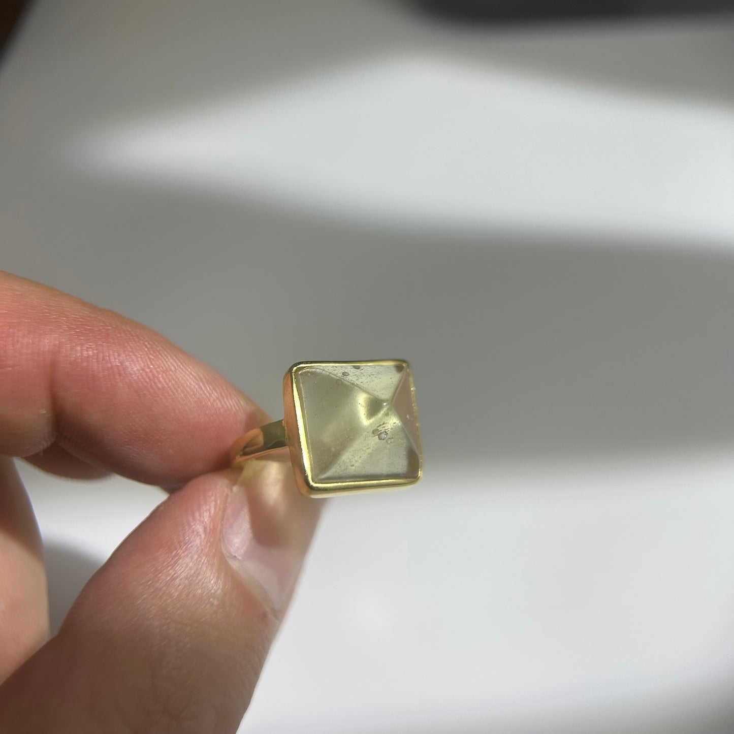 Libyan Desert Glass Ring, Pyramid Tetrahedron Statement Ring, Meteorite Impact Glass, Champagne Tektite, 925 Silver Gold Tone, Adjustable
