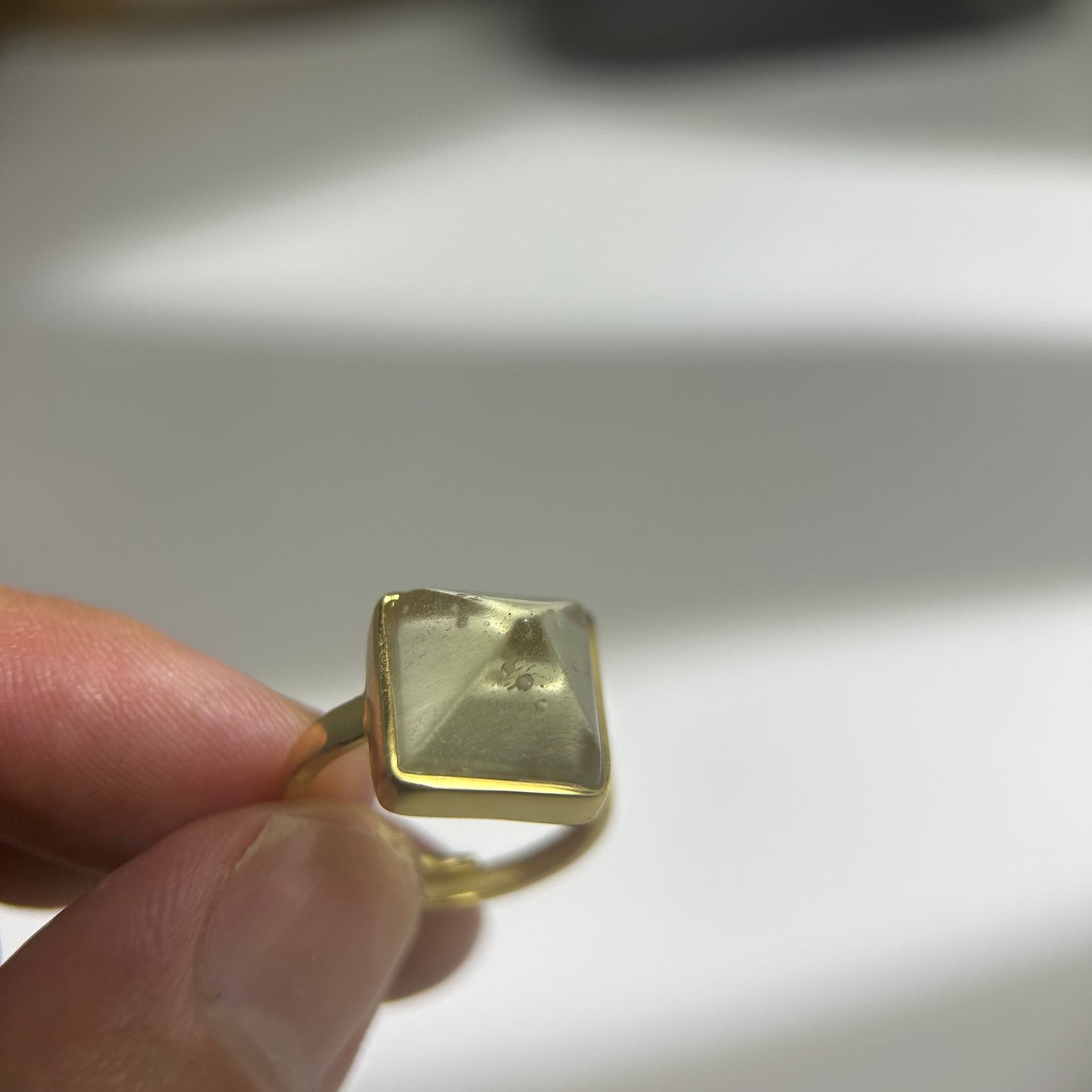 Libyan Desert Glass Ring, Pyramid Tetrahedron Statement Ring, Meteorite Impact Glass, Champagne Tektite, 925 Silver Gold Tone, Adjustable