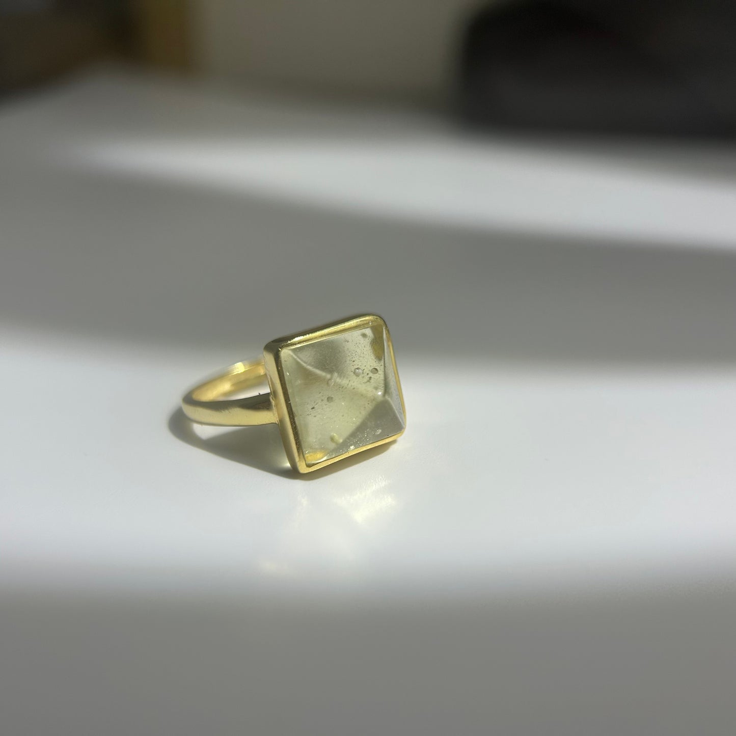 Libyan Desert Glass Ring, Pyramid Tetrahedron Statement Ring, Meteorite Impact Glass, Champagne Tektite, 925 Silver Gold Tone, Adjustable
