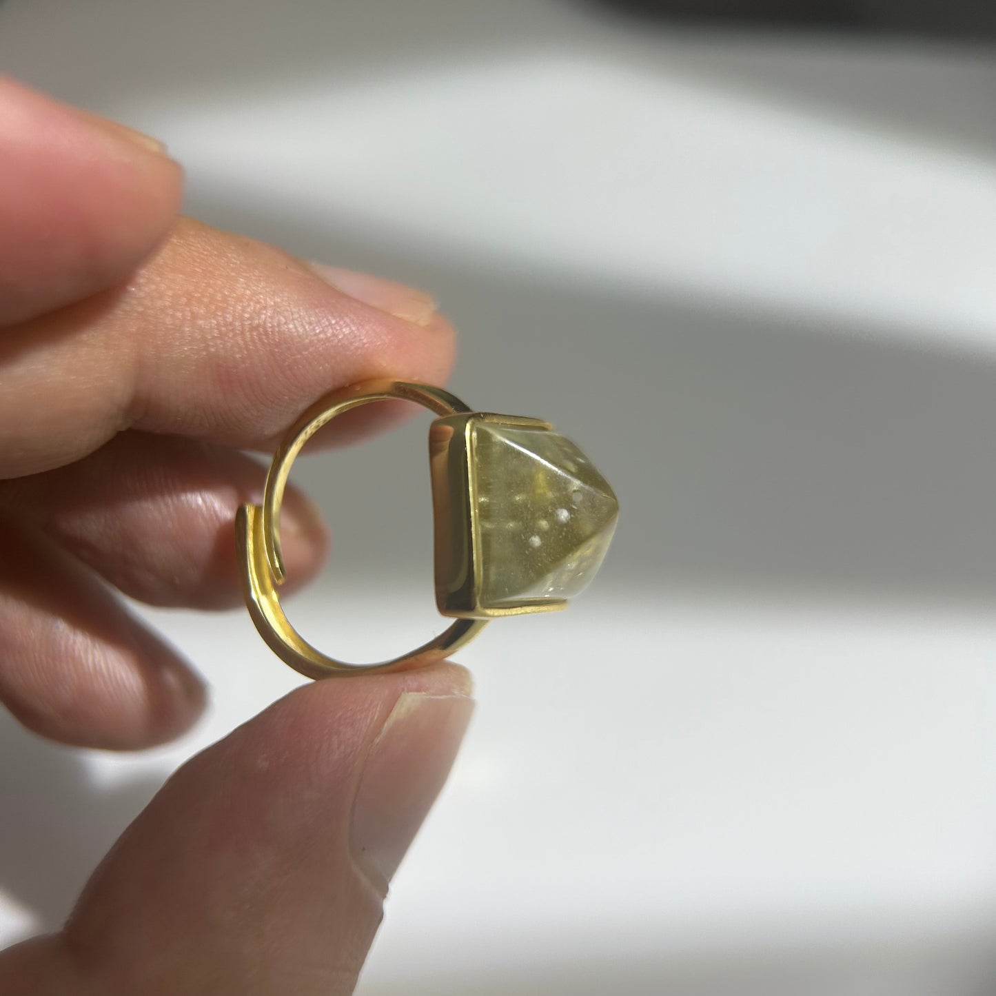 Libyan Desert Glass Ring, Pyramid Tetrahedron Statement Ring, Meteorite Impact Glass, Champagne Tektite, 925 Silver Gold Tone, Adjustable