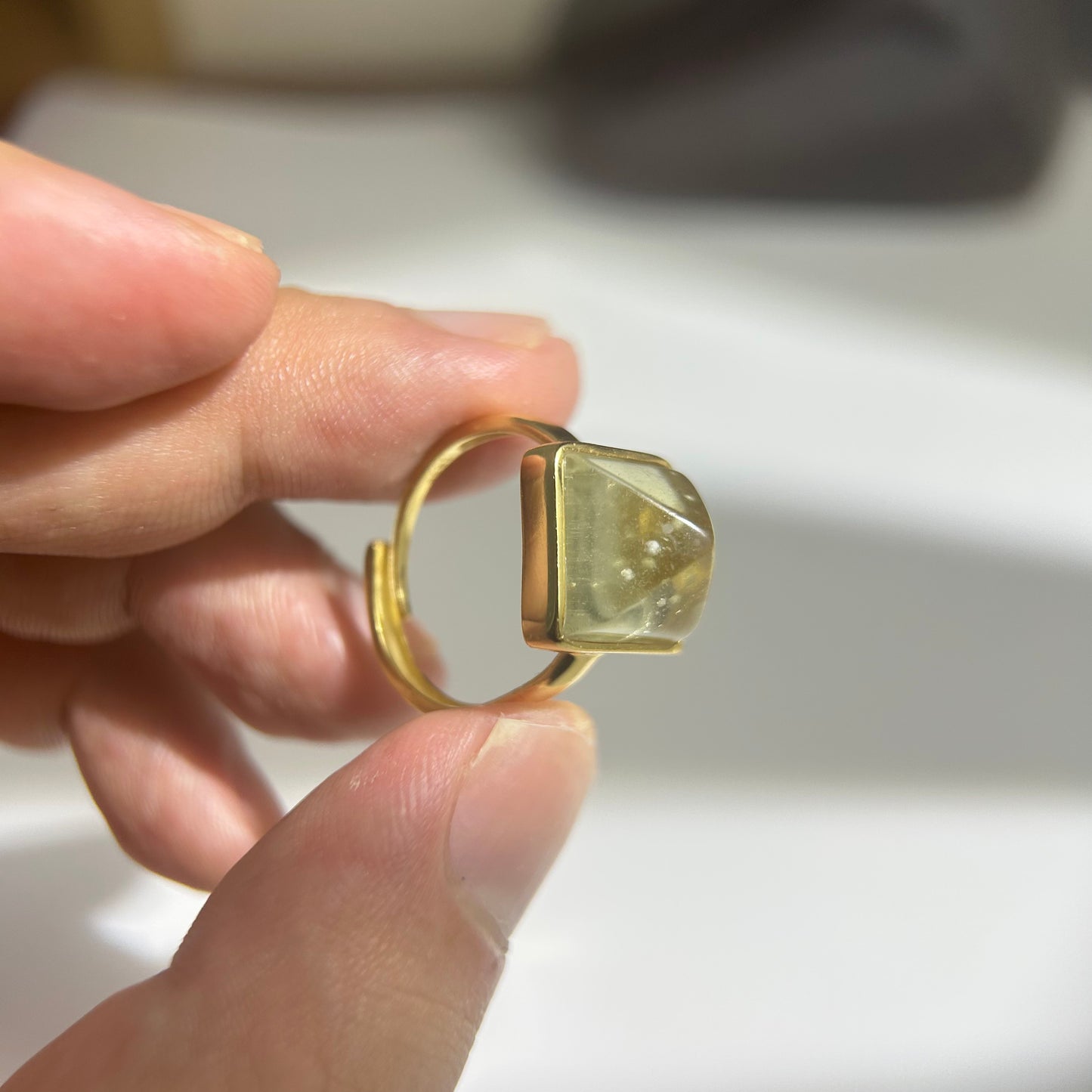 Libyan Desert Glass Ring, Pyramid Tetrahedron Statement Ring, Meteorite Impact Glass, Champagne Tektite, 925 Silver Gold Tone, Adjustable