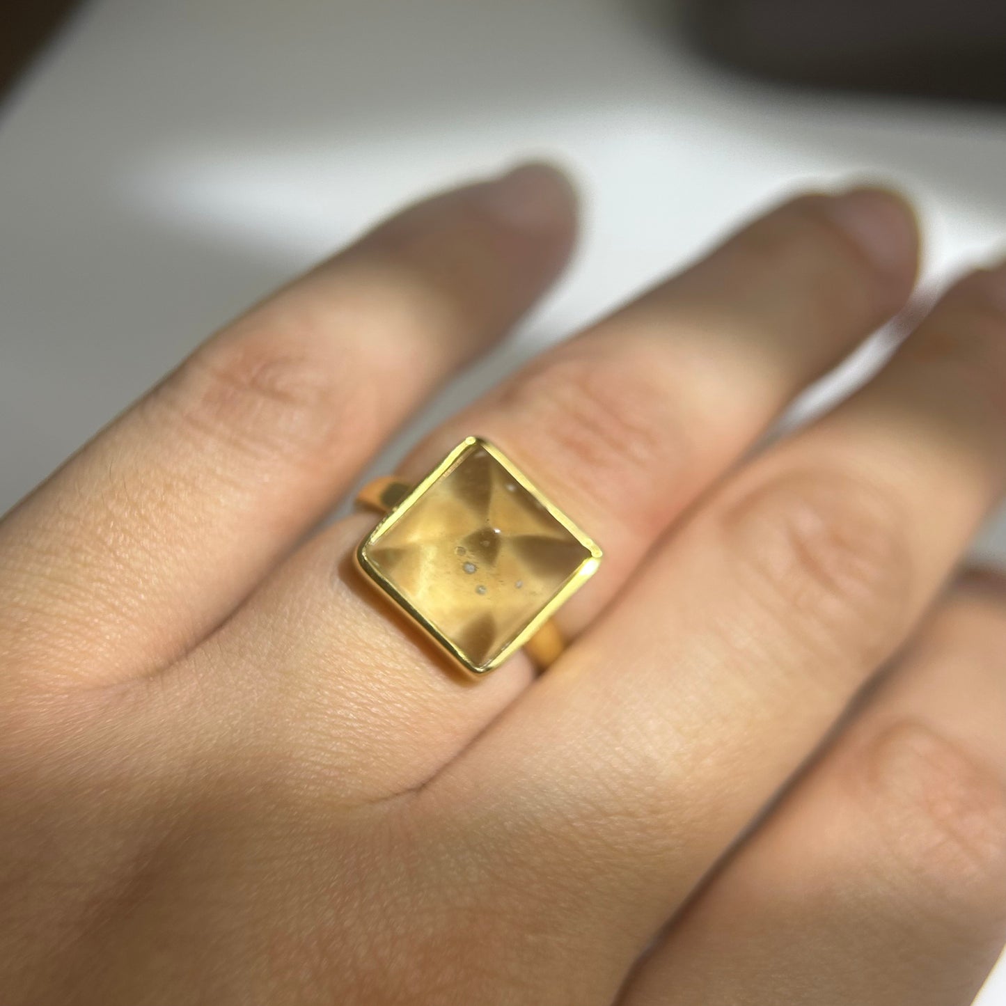 Libyan Desert Glass Ring, Pyramid Tetrahedron Statement Ring, Meteorite Impact Glass, Champagne Tektite, 925 Silver Gold Tone, Adjustable