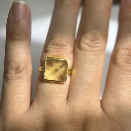 Libyan Desert Glass Ring, Pyramid Tetrahedron Statement Ring, Meteorite Impact Glass, Champagne Tektite, 925 Silver Gold Tone, Adjustable