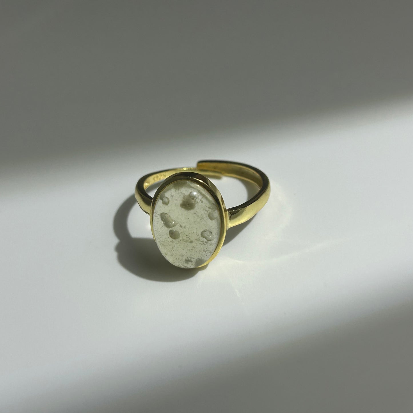 Libyan Desert Glass Ring, Oval Cabochon Bezel, 925 Sterling Silver 14K Gold Plated, Adjustable Open Band, Champagne Impact Glass