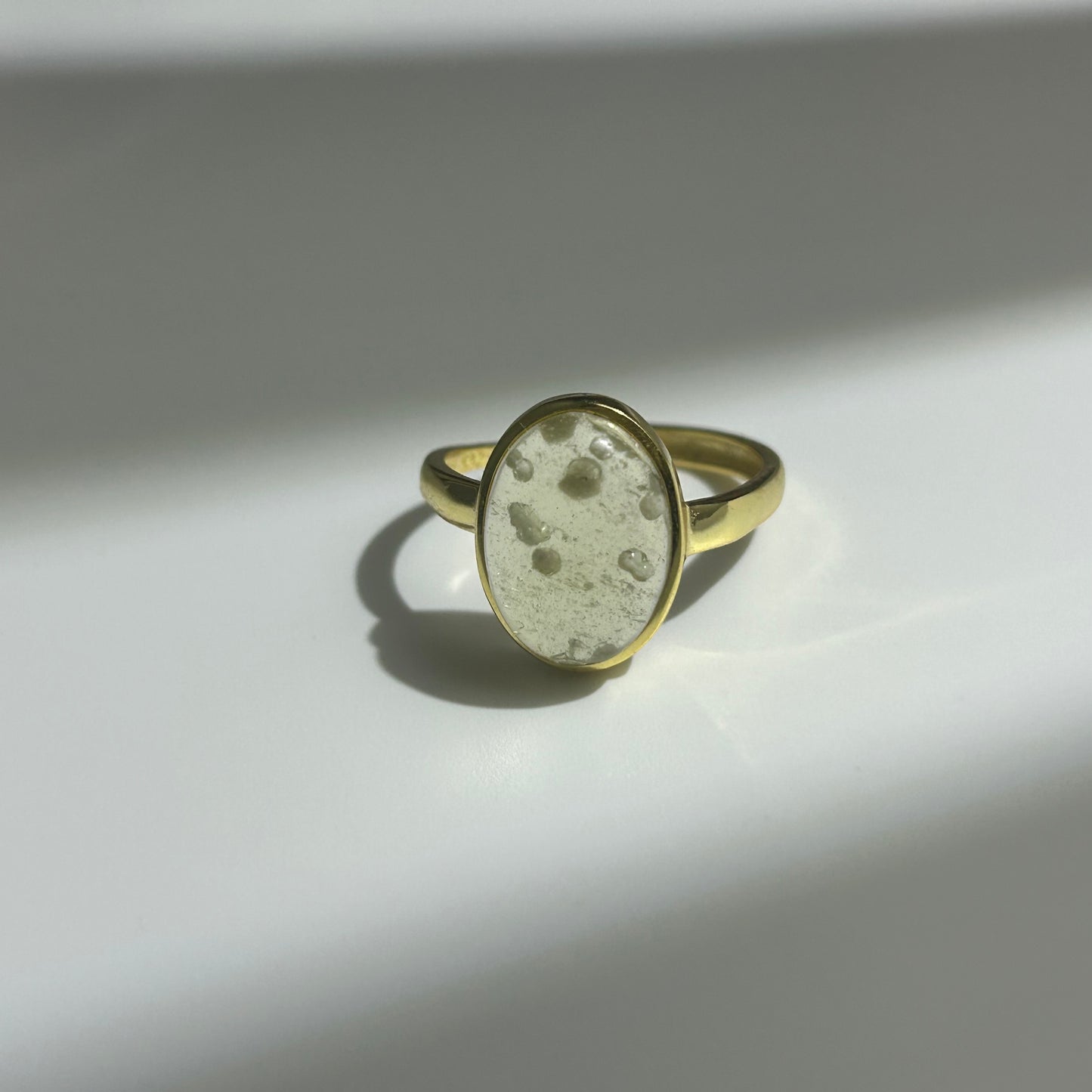 Libyan Desert Glass Ring, Oval Cabochon Bezel, 925 Sterling Silver 14K Gold Plated, Adjustable Open Band, Champagne Impact Glass
