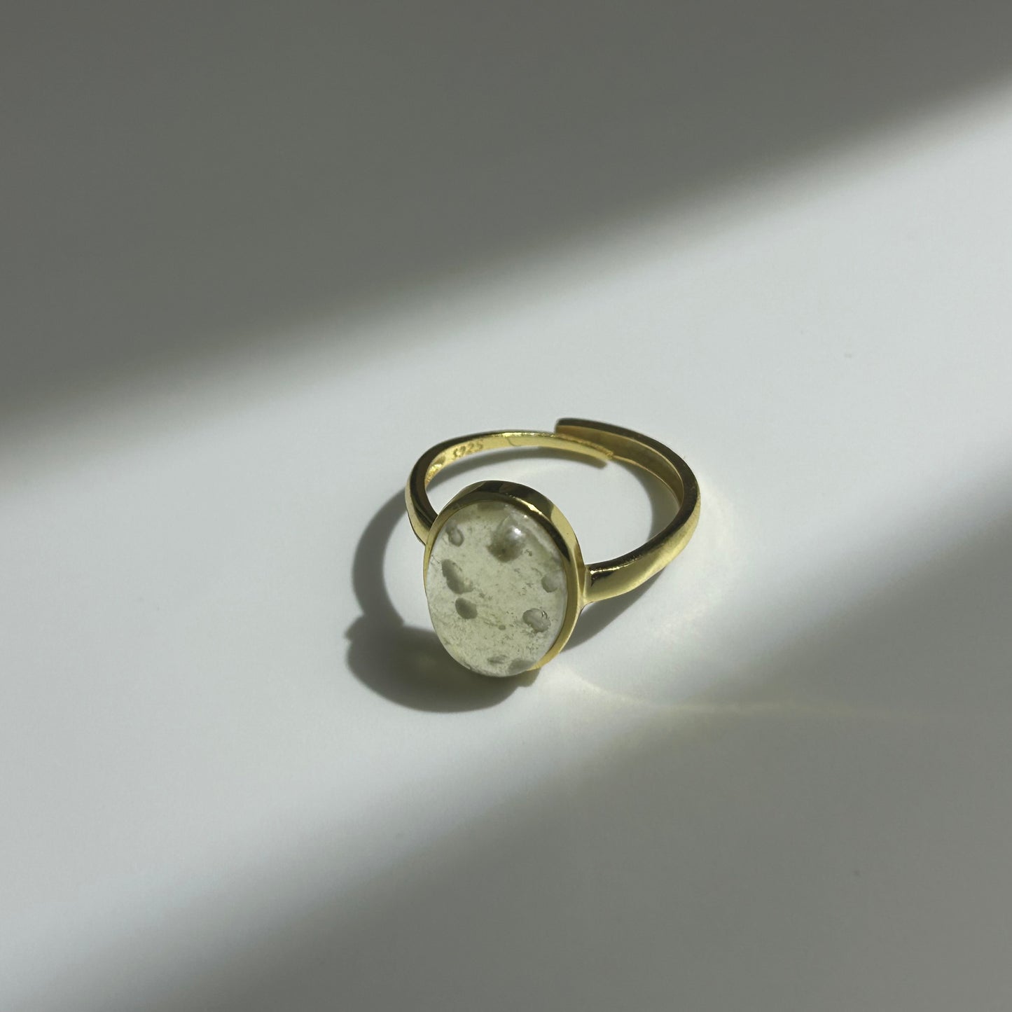 Libyan Desert Glass Ring, Oval Cabochon Bezel, 925 Sterling Silver 14K Gold Plated, Adjustable Open Band, Champagne Impact Glass