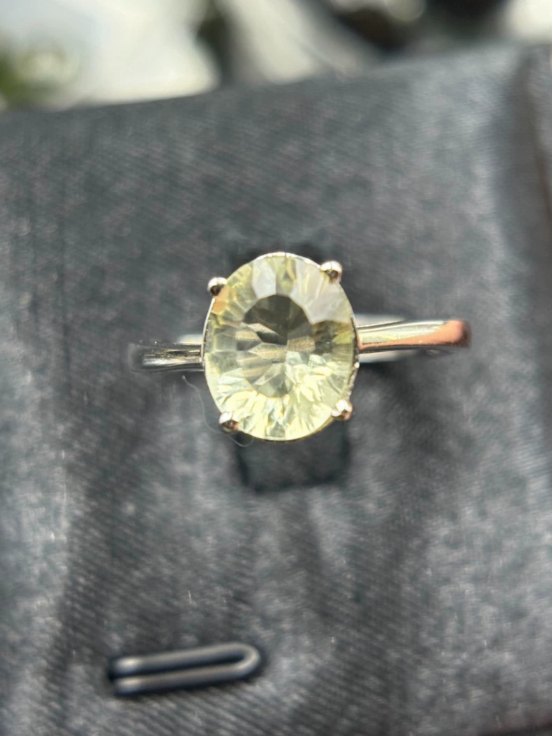 Libyan Desert Glass Ring | 8x10mm Oval Faceted Tektite | Silver‑Tone Prong Setting with Side Stones | Gift Box Included