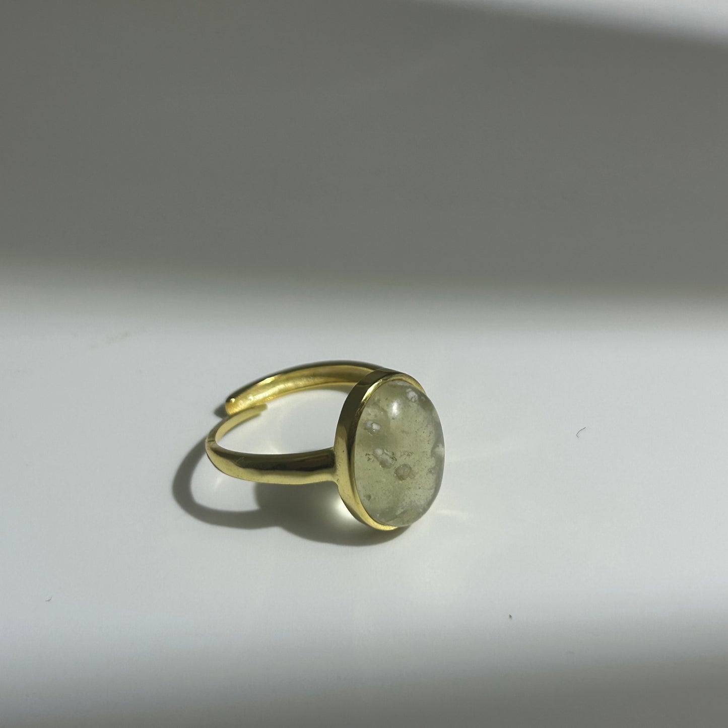 Libyan Desert Glass Ring, Oval Cabochon Bezel, 925 Sterling Silver 14K Gold Plated, Adjustable Open Band, Champagne Impact Glass