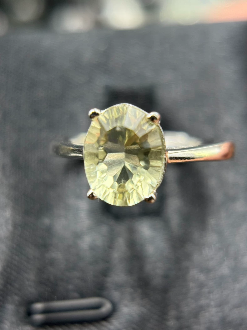 Libyan Desert Glass Ring | 8x10mm Oval Faceted Tektite | Silver‑Tone Prong Setting with Side Stones | Gift Box Included