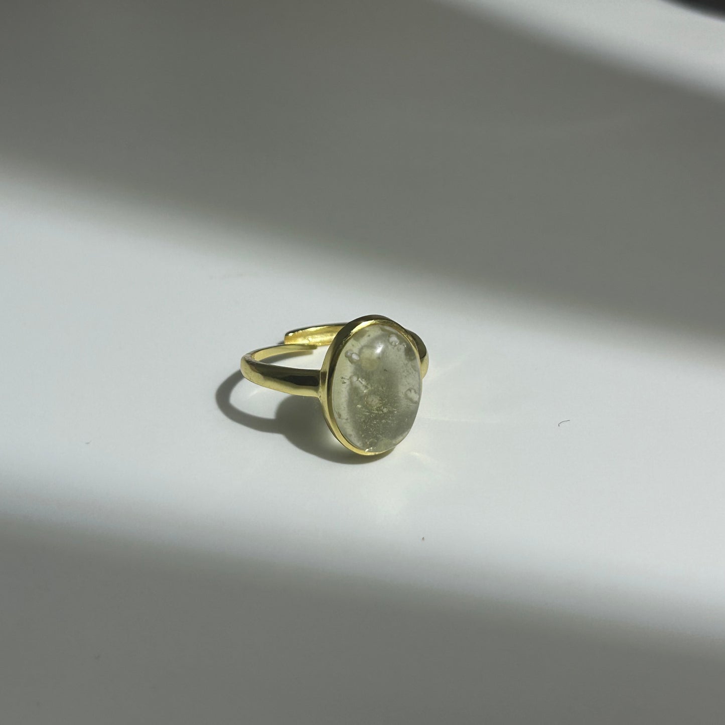Libyan Desert Glass Ring, Oval Cabochon Bezel, 925 Sterling Silver 14K Gold Plated, Adjustable Open Band, Champagne Impact Glass