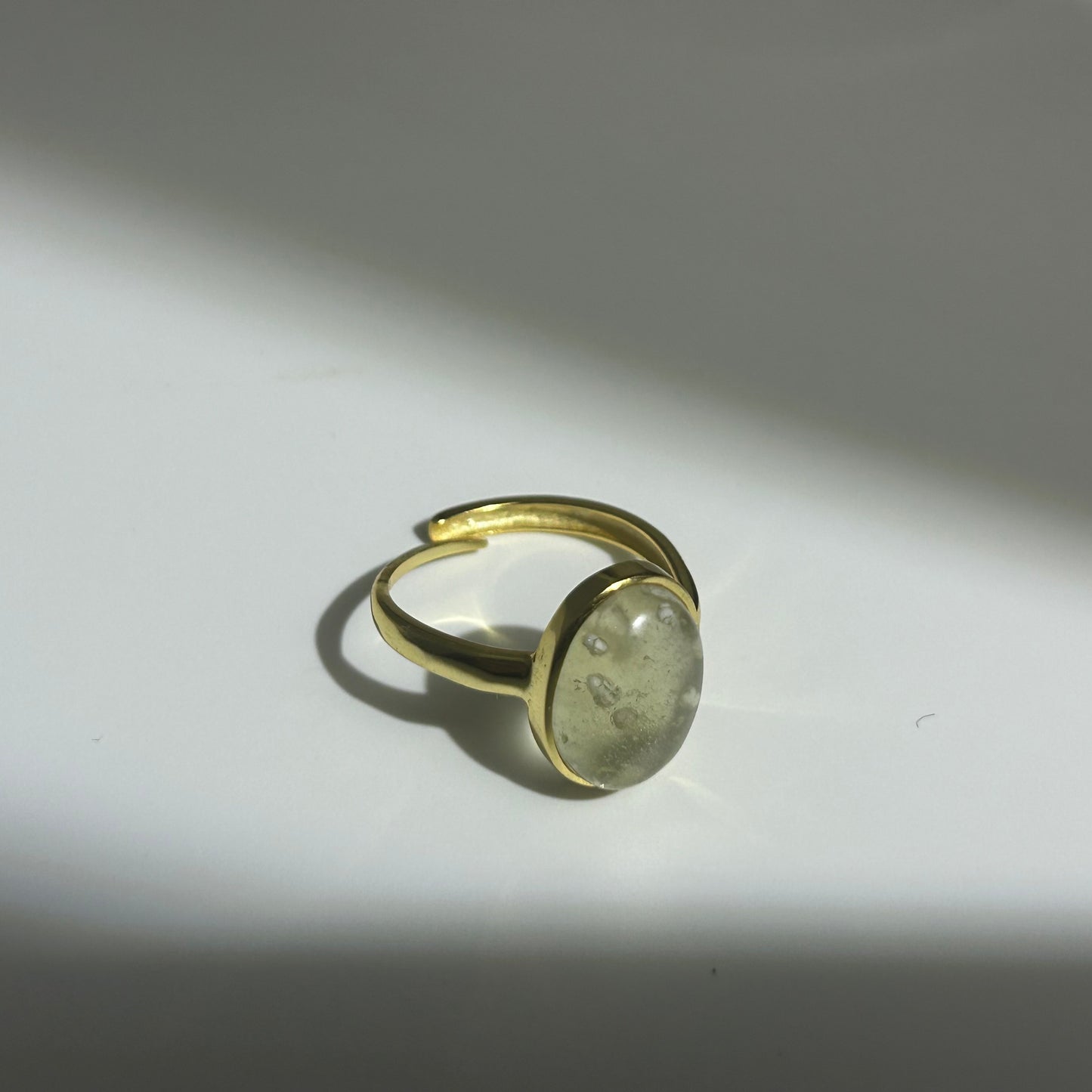 Libyan Desert Glass Ring, Oval Cabochon Bezel, 925 Sterling Silver 14K Gold Plated, Adjustable Open Band, Champagne Impact Glass