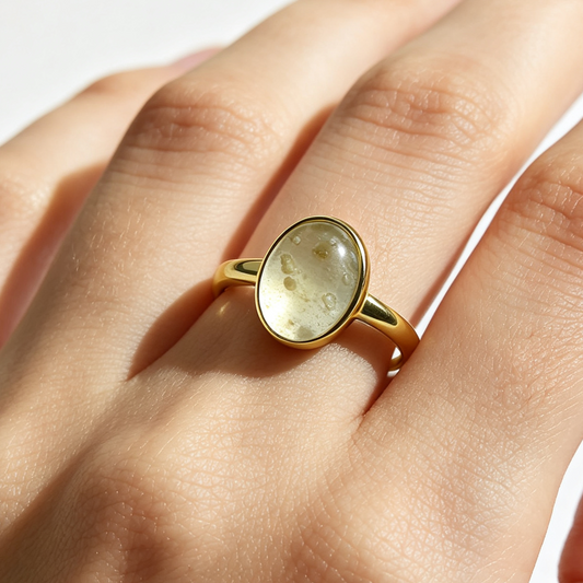 Libyan Desert Glass Ring, Oval Cabochon Bezel, 925 Sterling Silver 14K Gold Plated, Adjustable Open Band, Champagne Impact Glass