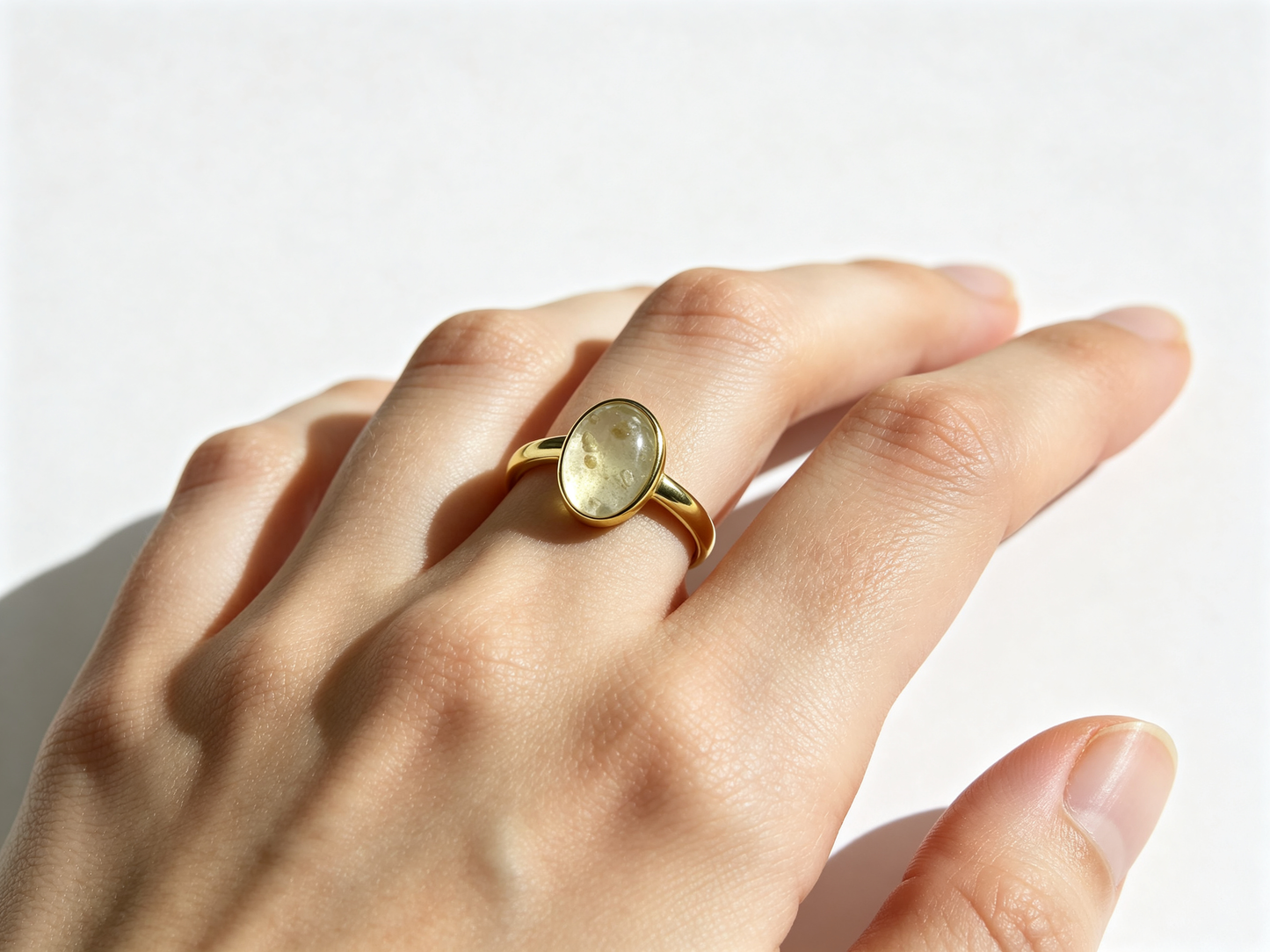 Libyan Desert Glass Ring, Oval Cabochon Bezel, 925 Sterling Silver 14K Gold Plated, Adjustable Open Band, Champagne Impact Glass