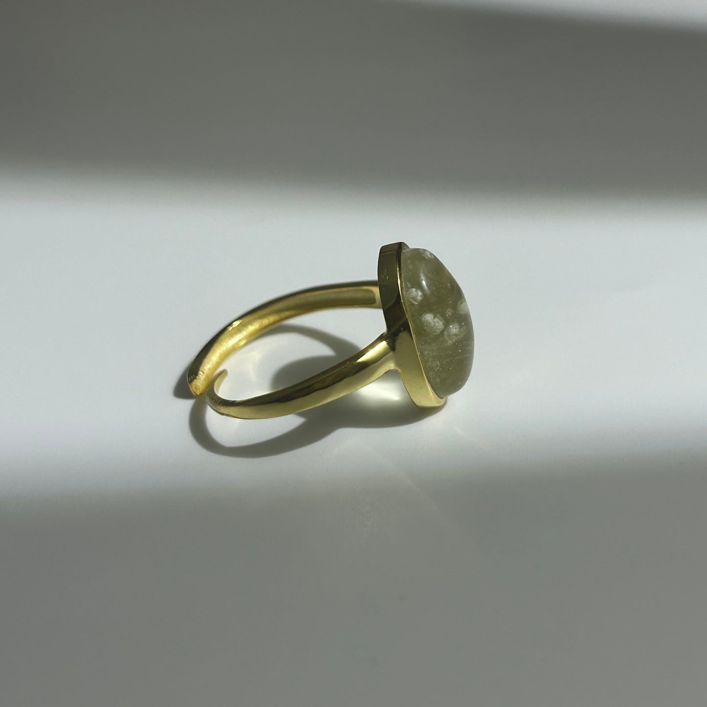 Libyan Desert Glass Ring, Oval Cabochon Bezel, 925 Sterling Silver 14K Gold Plated, Adjustable Open Band, Champagne Impact Glass