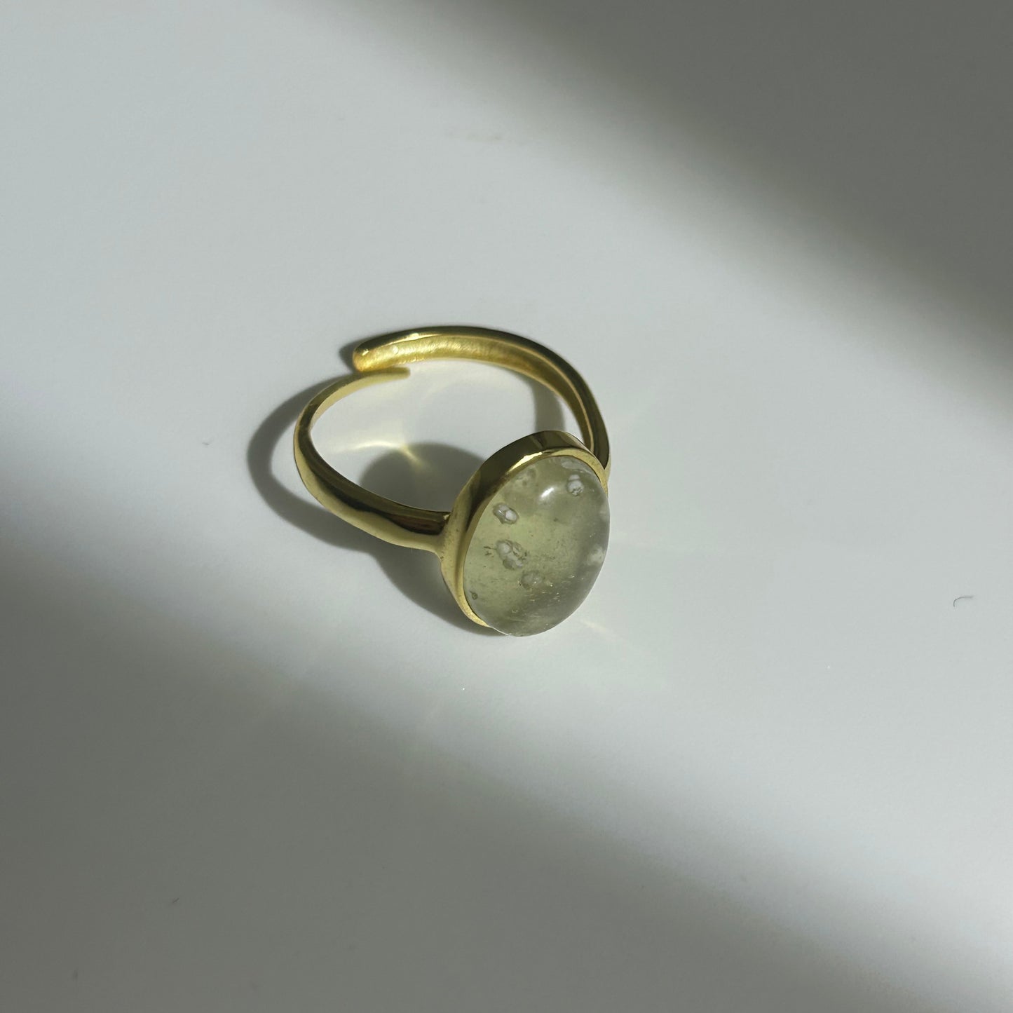 Libyan Desert Glass Ring, Oval Cabochon Bezel, 925 Sterling Silver 14K Gold Plated, Adjustable Open Band, Champagne Impact Glass