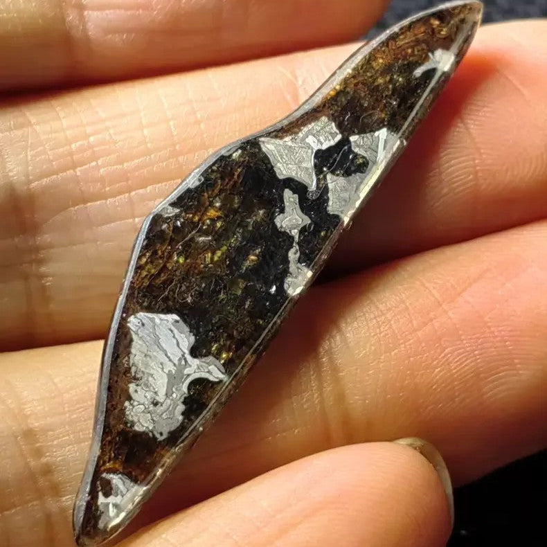 Meteorite specimen held between fingers against a blurred background
