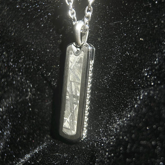 Starlight Bar Pendant Necklace Muonionalusta Iron Meteorite Inlay | Widmanstätten Pattern Tag Pendant |21.6"Chain | Gift Box + COA