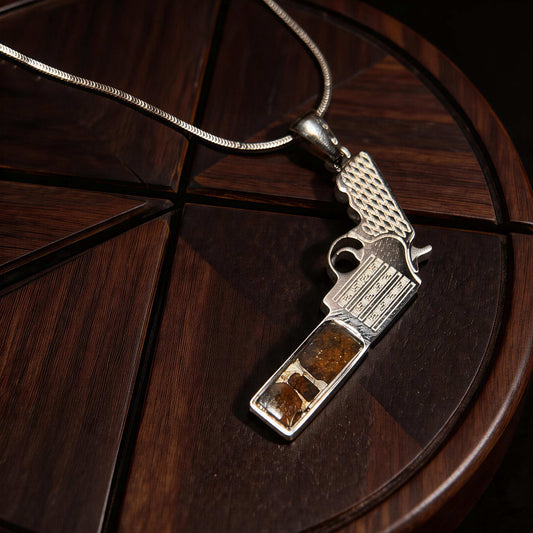 Top Quality Sericho Pallasite Meteorite Necklace, Unique Valentine's Day Gift for Him, Gun Shape Space Jewelry, Real Meteorite Pendant