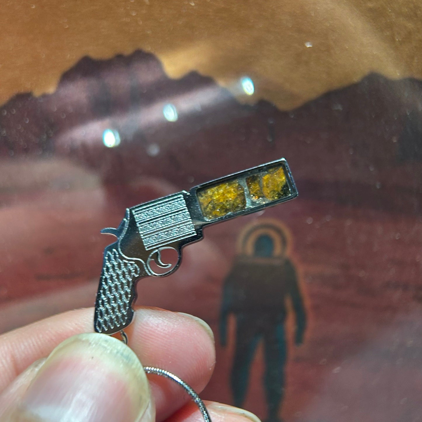 Top Quality Sericho Pallasite Meteorite Necklace, Unique Valentine's Day Gift for Him, Gun Shape Space Jewelry, Real Meteorite Pendant