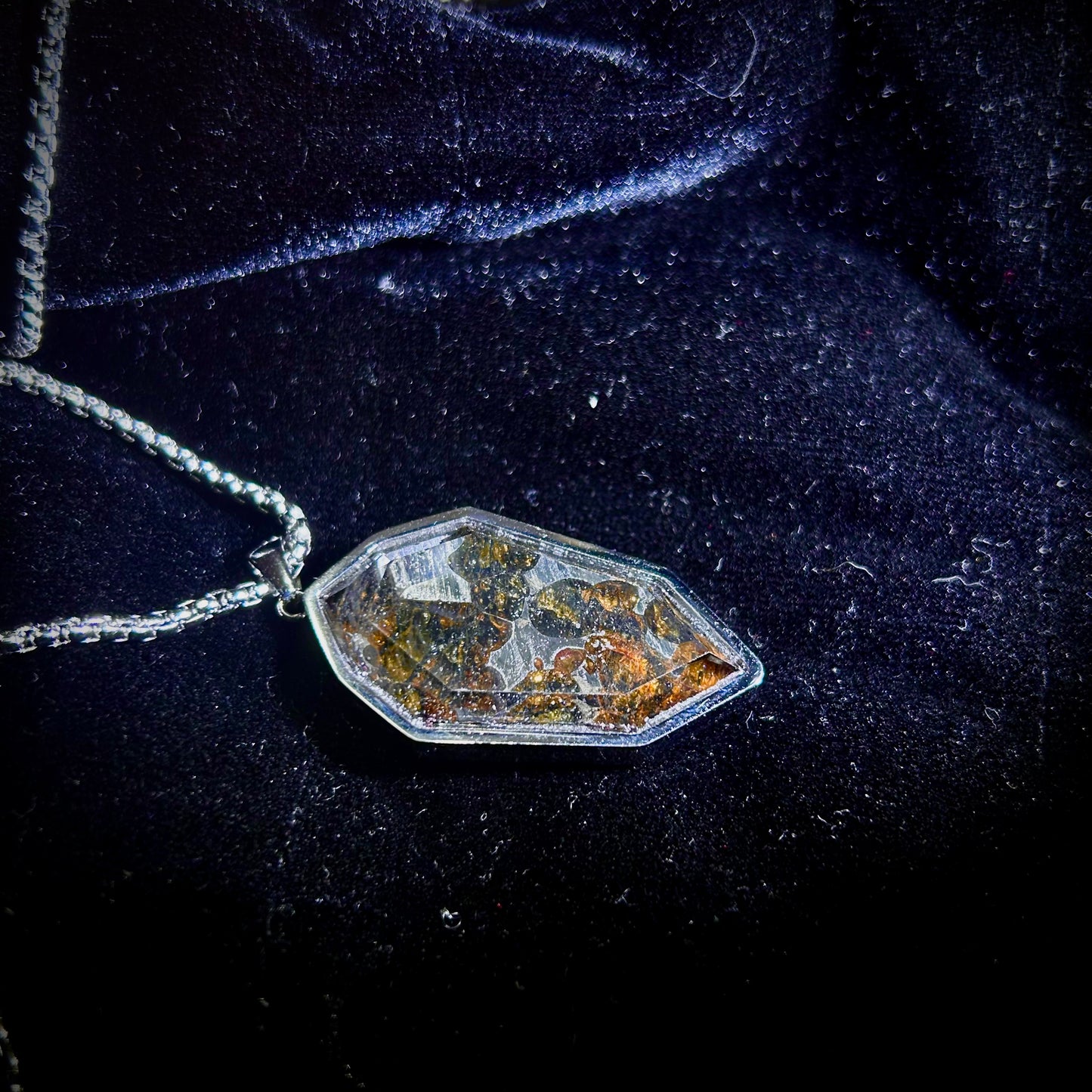 Genuine Sericho Pallasite Meteorite Coffin Shield Pendant Necklace (50×22×7mm) | Olivine Crystal Inlay | Gift Box + COA