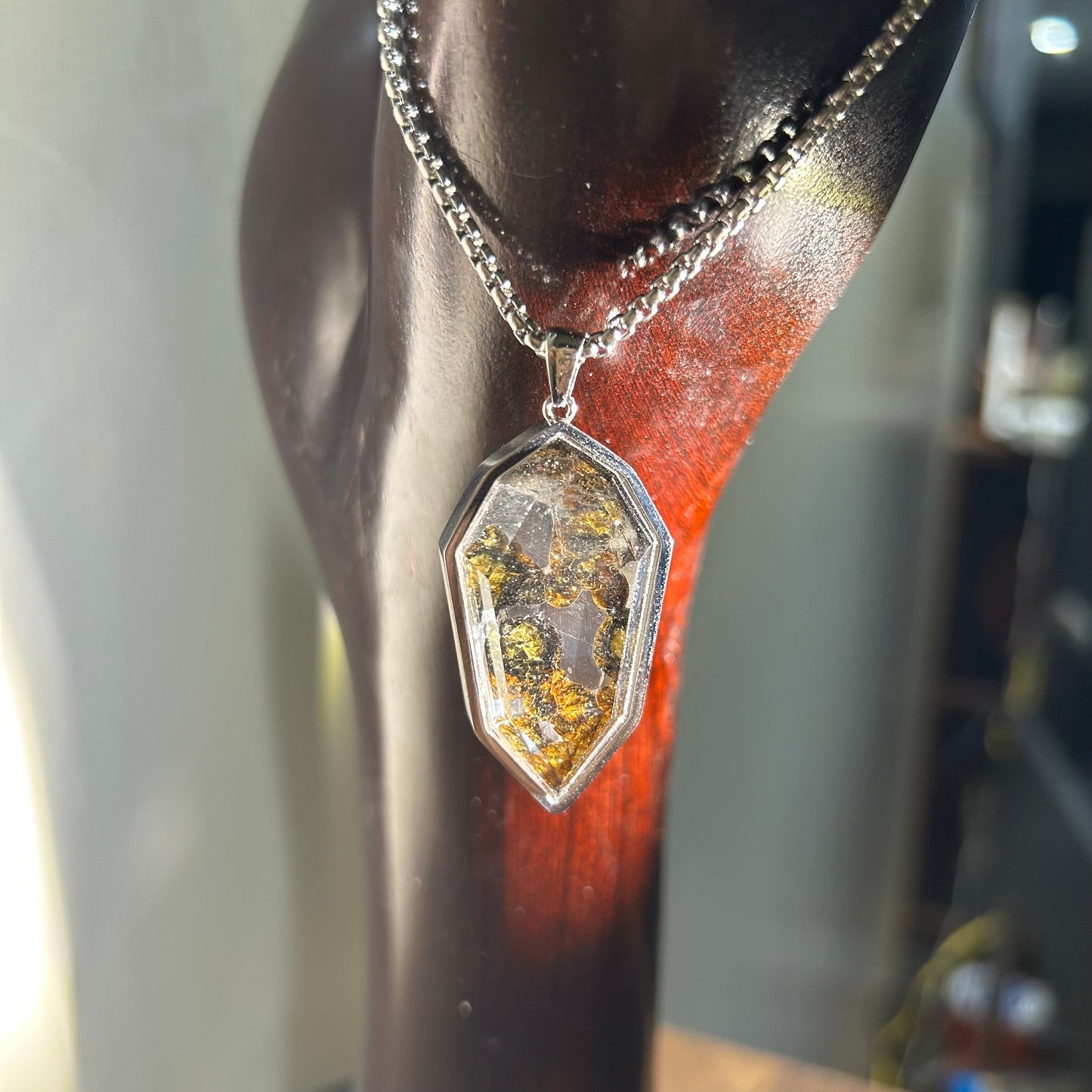 Genuine Sericho Pallasite Meteorite Coffin Shield Pendant Necklace (50×22×7mm) | Olivine Crystal Inlay | Gift Box + COA