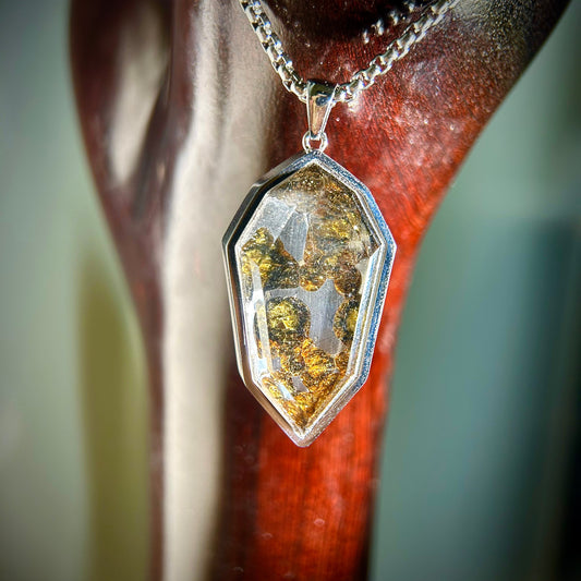 Genuine Sericho Pallasite Meteorite Coffin Shield Pendant Necklace (50×22×7mm) | Olivine Crystal Inlay | Gift Box + COA