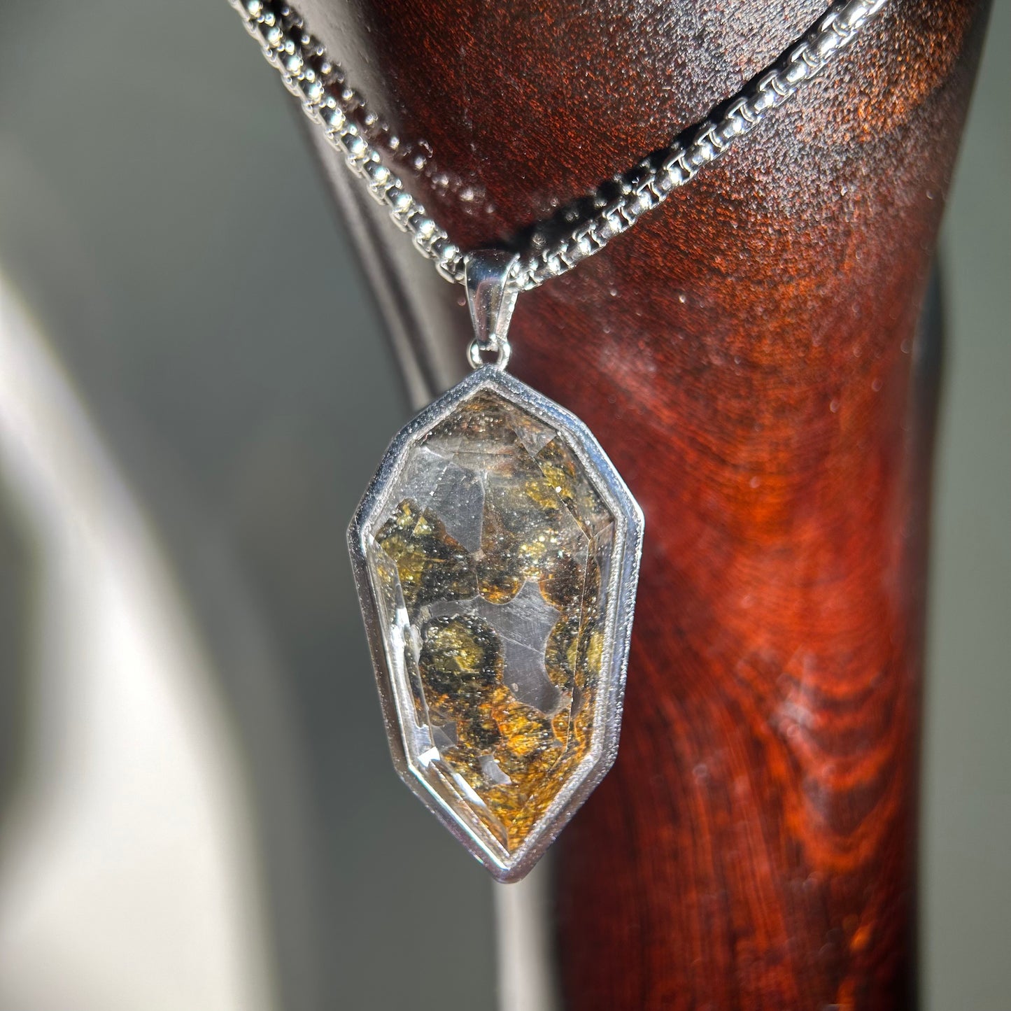 Genuine Sericho Pallasite Meteorite Coffin Shield Pendant Necklace (50×22×7mm) | Olivine Crystal Inlay | Gift Box + COA