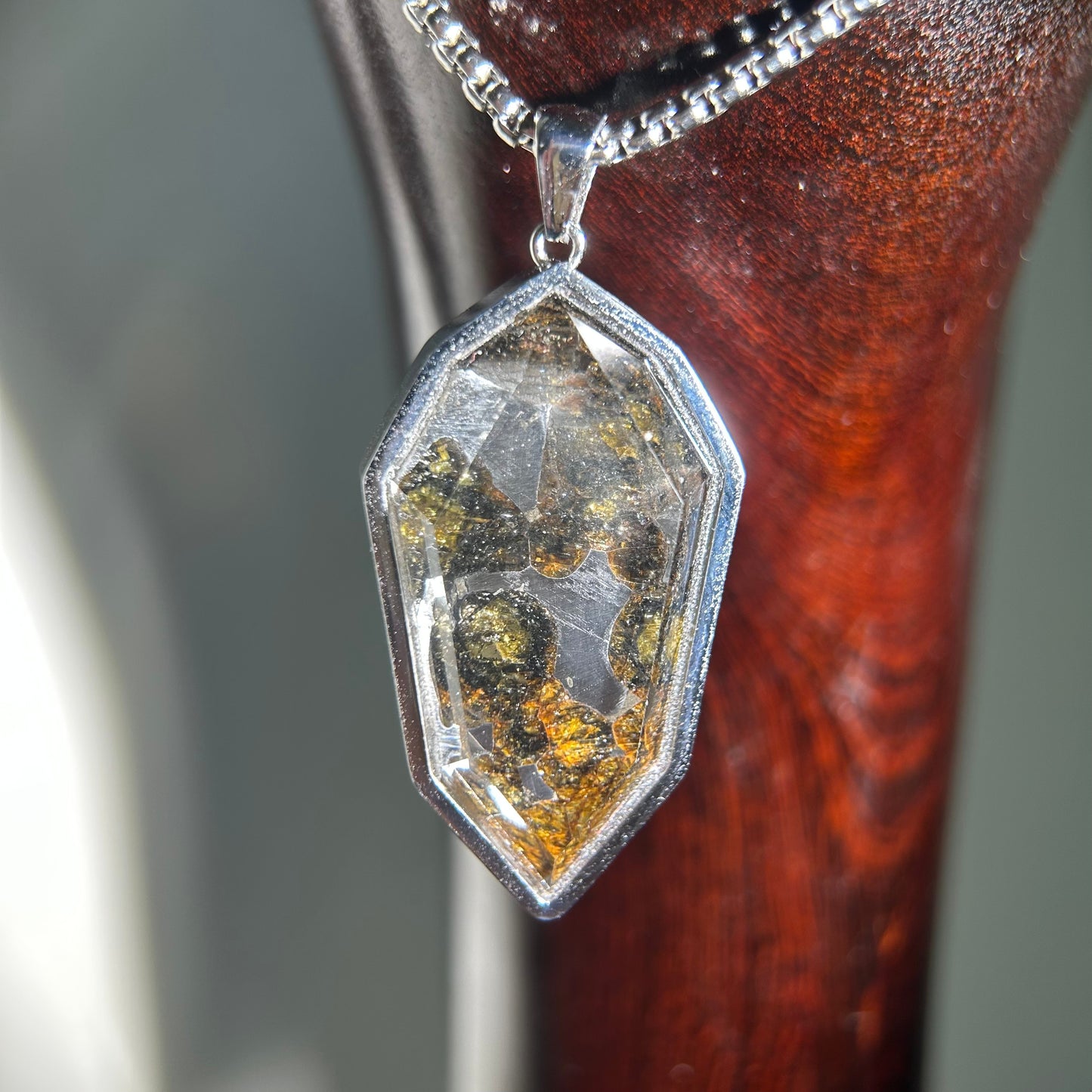 Genuine Sericho Pallasite Meteorite Coffin Shield Pendant Necklace (50×22×7mm) | Olivine Crystal Inlay | Gift Box + COA