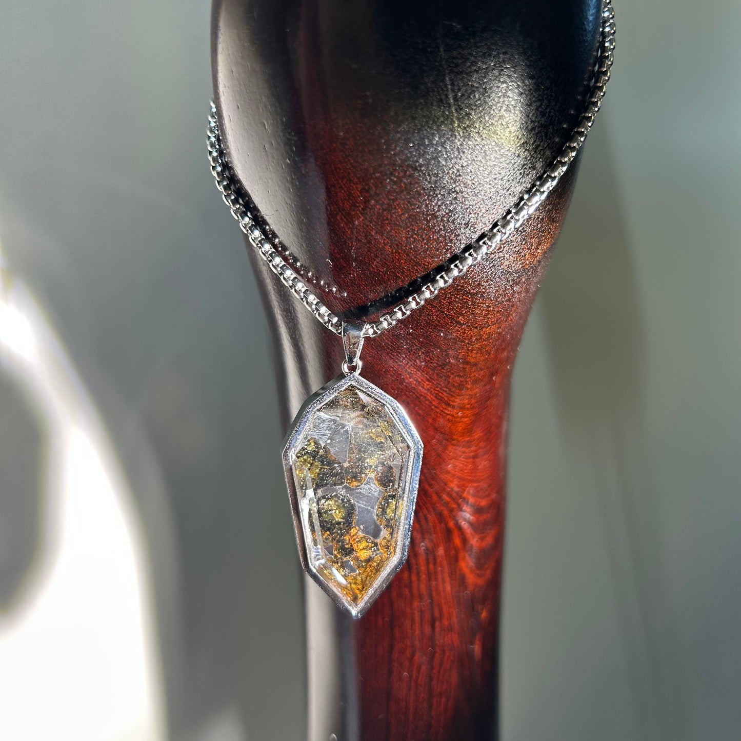 Genuine Sericho Pallasite Meteorite Coffin Shield Pendant Necklace (50×22×7mm) | Olivine Crystal Inlay | Gift Box + COA