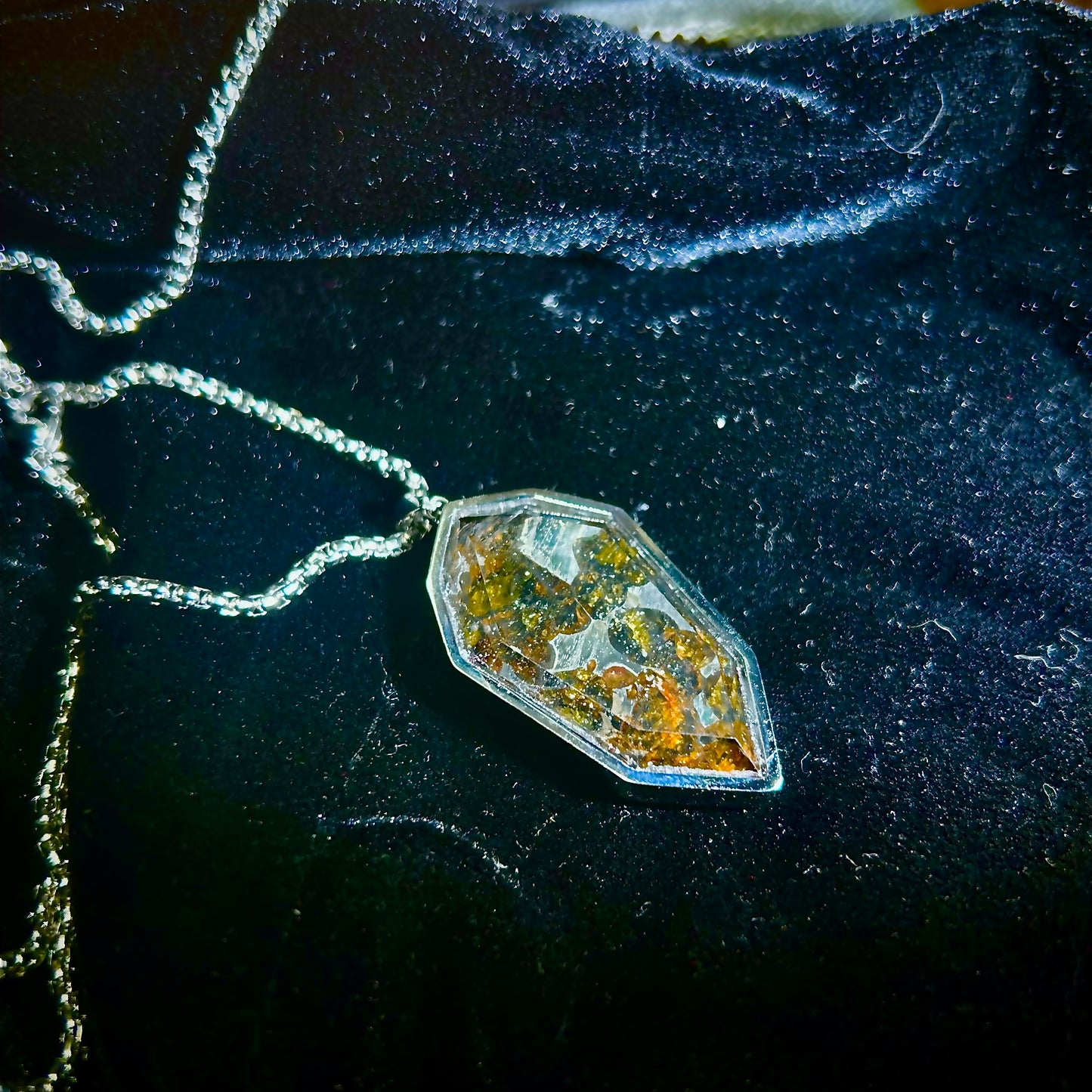 Genuine Sericho Pallasite Meteorite Coffin Shield Pendant Necklace (50×22×7mm) | Olivine Crystal Inlay | Gift Box + COA