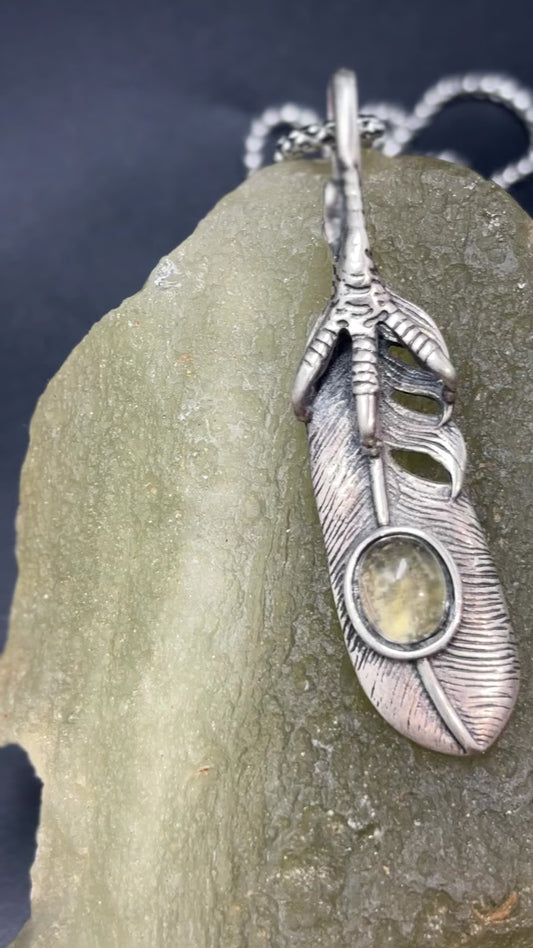 Libyan Desert Glass Eagle Feather Necklace • 925 Sterling Silver Feather • High-Transparency Gem • Handcrafted Talisman of Cosmos